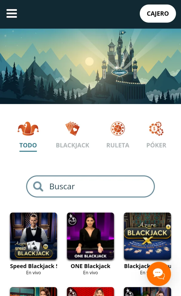 Secci&oacute;n Live Casino de la aplicaci&oacute;n Locowin